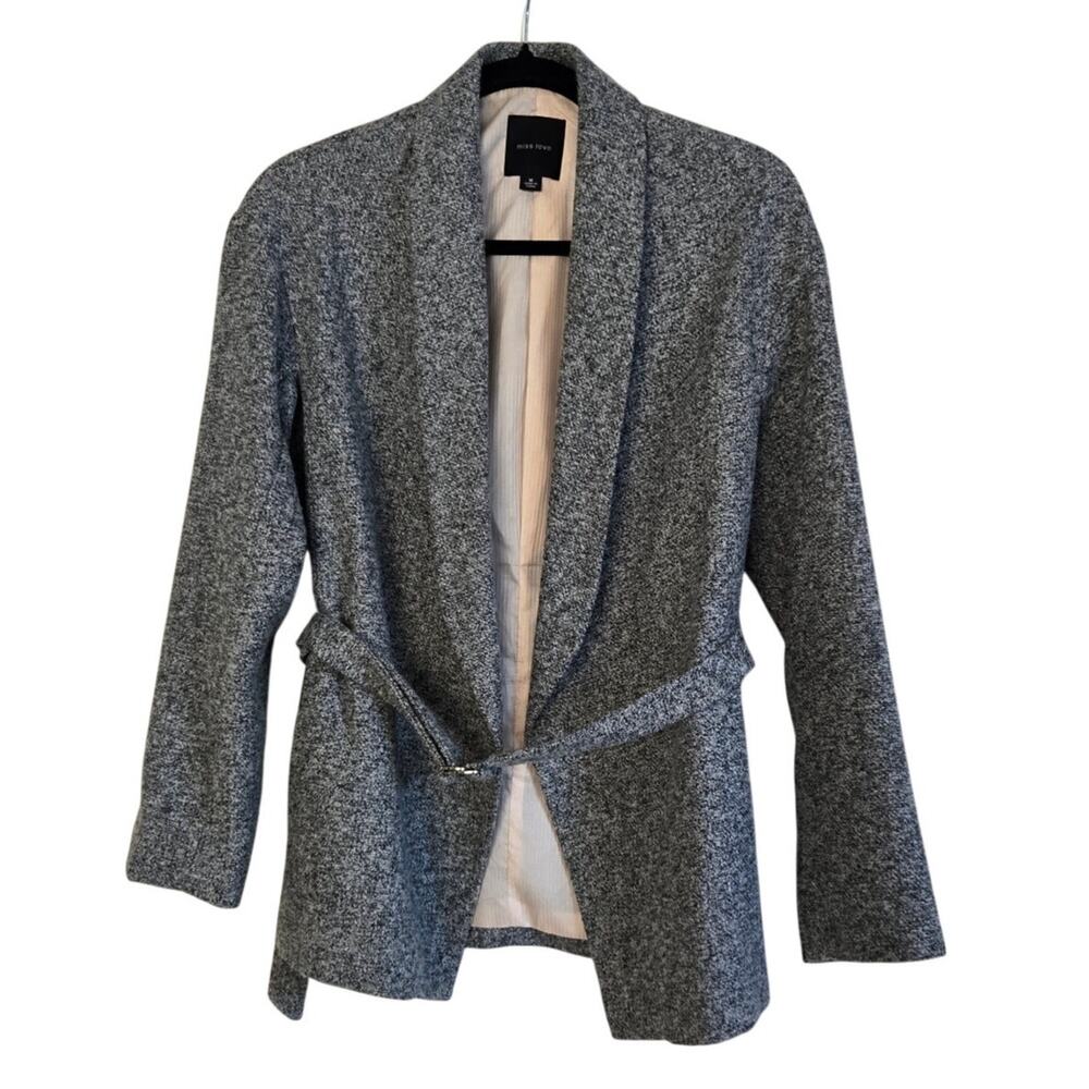 Cozy Chic Minimalist Oversized Marled Gray Tweed Wrap Jacket Belted Waist Size M